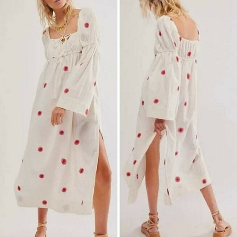 FREE PEOPLE Boho Flowy Embroidered Cotton-Linen Blend Midi Dress SZ L